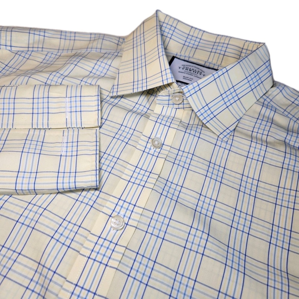 CHARLES TYRWHITT French Cuff Dress Shirt Men 16/36 Slim Blue Yellow Plaid Cotton